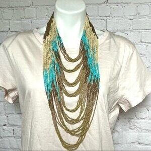 Long 34” multi-strand beaded necklace multicolor seed bead statement Bohomian